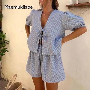 Maemukilabe Y2K 빈티지 격자 무늬 복장 루즈한 V 넥 퍼프 슬리브 프론트 타이 업 블라우스 탑 + 반바지 여성 2 피스 라운지 매칭 세트