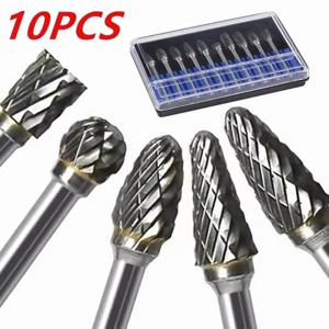 10pcs 카바이드 버 세트, 경질 합금 텅스텐 강철 더블 컷 로터리 파일 밀링 커터 헤드, 목공 그라인딩 Carvin