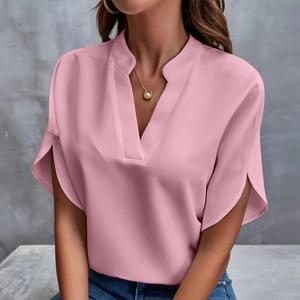 여성용 여름 탑 블라우스 2024 패션 반팔 솔리드 V 넥 루즈 셔츠와 블라우스 우아한 Laies White Tops