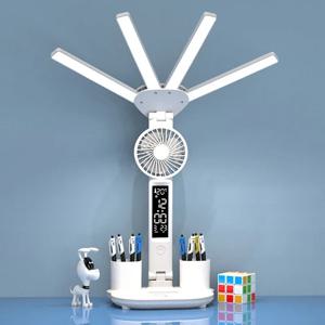 다기능 3 색 LED 테이블 램프 팬 시계 책상 램프와 4 개의 머리 접는 USB 충전 독서 야간 조명
