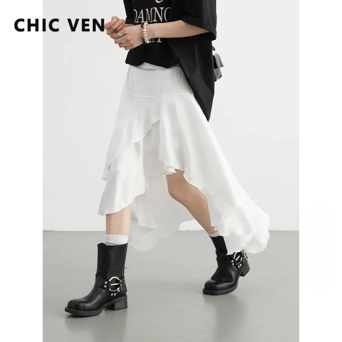 CHIC VEN 여성용 하이 웨이스트 스커트, 불규칙한 프릴 가장자리 스커트, A 라인 중간 길이, 여성 피쉬 테일 스커트, 여름 2024