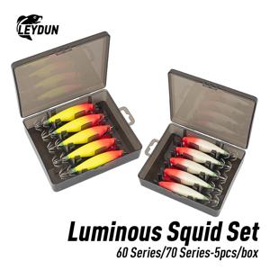 LEYDUN 빛나는 수평 오징어 지그 나무 새우 오징어 후크 5pcs 낚시 미끼 문어 오징어 새우 바닷물 미끼