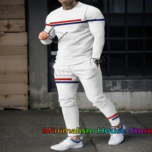 패션 가을 Tracksuit 스트라이프 긴 소매 티셔츠 + 바지 정장 스트리트 빈티지 운동복 대형 남성 의류 2 조각 세트
