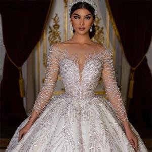 반짝이 완전히 파란색 웨딩 드레스 Organza 볼 가운 전체 슬리브 o-넥 신부 드레스 레이스 업 Vestido De Novia 맞춤형