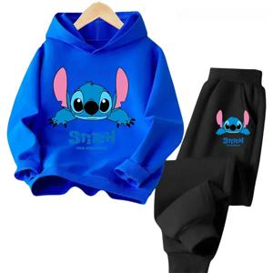 2024 디즈니 스티치 만화 어린이 까마귀 + 바지 2pcs 세트 봄 가을 패션 의류 소년 소녀 운동복 키즈 Sportsuit