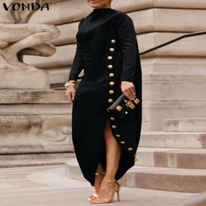 플러스 사이즈 5XL VONDA 2024 가을 여성 비대칭 드레스 솔리드 컬러 긴 소매 가운 캐주얼 버튼 우아한 오픈 포크 Sundress