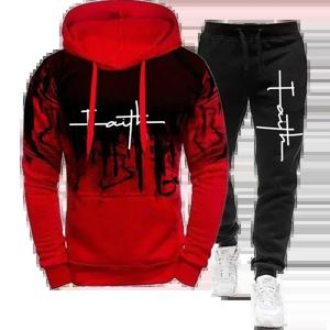 패션 트렌드 독창성 믿음 인쇄 가을 겨울 남성 캐주얼 Tracksuit 남성 스웨터와 스웨트 팬츠 2 개 세트 스포츠웨어