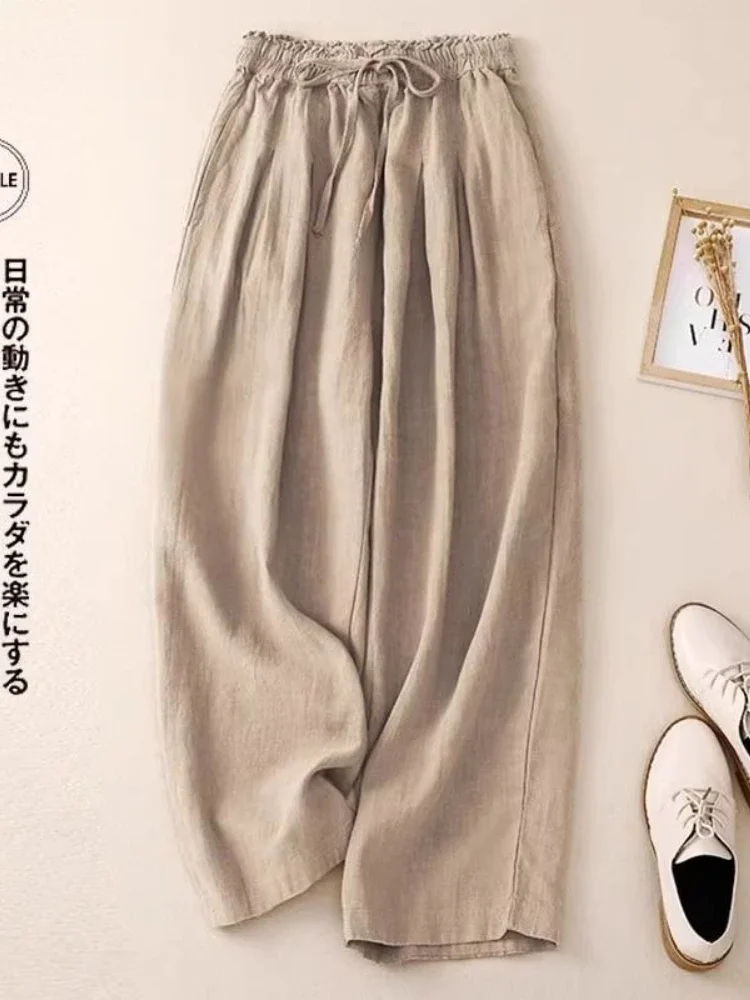 여름 코튼 린넨 바지 여성 레저 느슨한 스트레이트 자른 바지 탄성 허리 Drawstring 여성을위한 솔리드 와이드 레그 바지