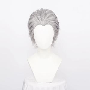 남성용 합성 버질 코스프레 가발 짧은 실버 그레이 슬릭백 헤어 내열성 헤어 가발 + 가발 모자
