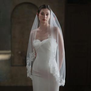 절묘한 신부 화이트 베일 일반 얇은 명주 그물 수제 레이스 아플리케 손가락 끝 신부 머리 장식 베일, 헤어 빗 포함, V683