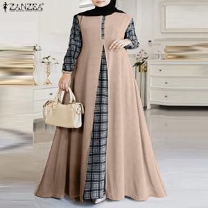 여성 패치 워크 맥시 드레스 이슬람 Abaya 가운 Femme ZANZEA 봄 긴 소매 맥시 Sundress 격자 무늬 체크 Vestidos IsIamic Cloth
