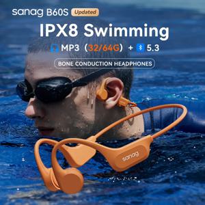Sanag B60 Pro 골전도 이어폰 IPX8 무선 오픈 헤드셋 블루투스 5.3 수영 블루투스 헤드폰 64GB MP3 이어 버드