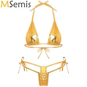 Womens Metallic Shiny Lacing 브라질 마이크로 비키니 수영복 G 스트링 수영복 Biquini 세트가있는 비 패딩 트라이앵글 컵 브라 탑
