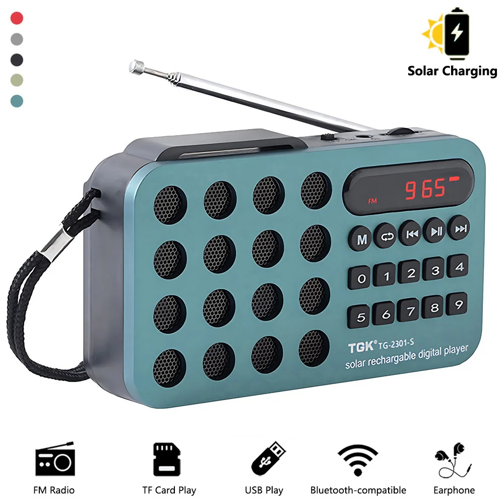 충전식 휴대용 FM 라디오 미니 태양 블루투스 무선 스피커 지원 USB TF 카드 MP3 음악 플레이어 FM 라디오 수신기