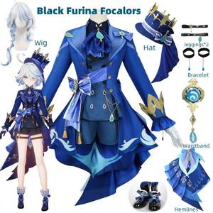 Furina 코스프레 의상 가발 헤어 임팩트 Fontaine Focalors 모자 블랙 정장 여성용 하이힐 코스프레 신발 의상