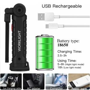 USB 충전식 캠핑 LED 손전등 작업 조명 자석 및 후크 야간 작업에 적합한 방수 조명 모드