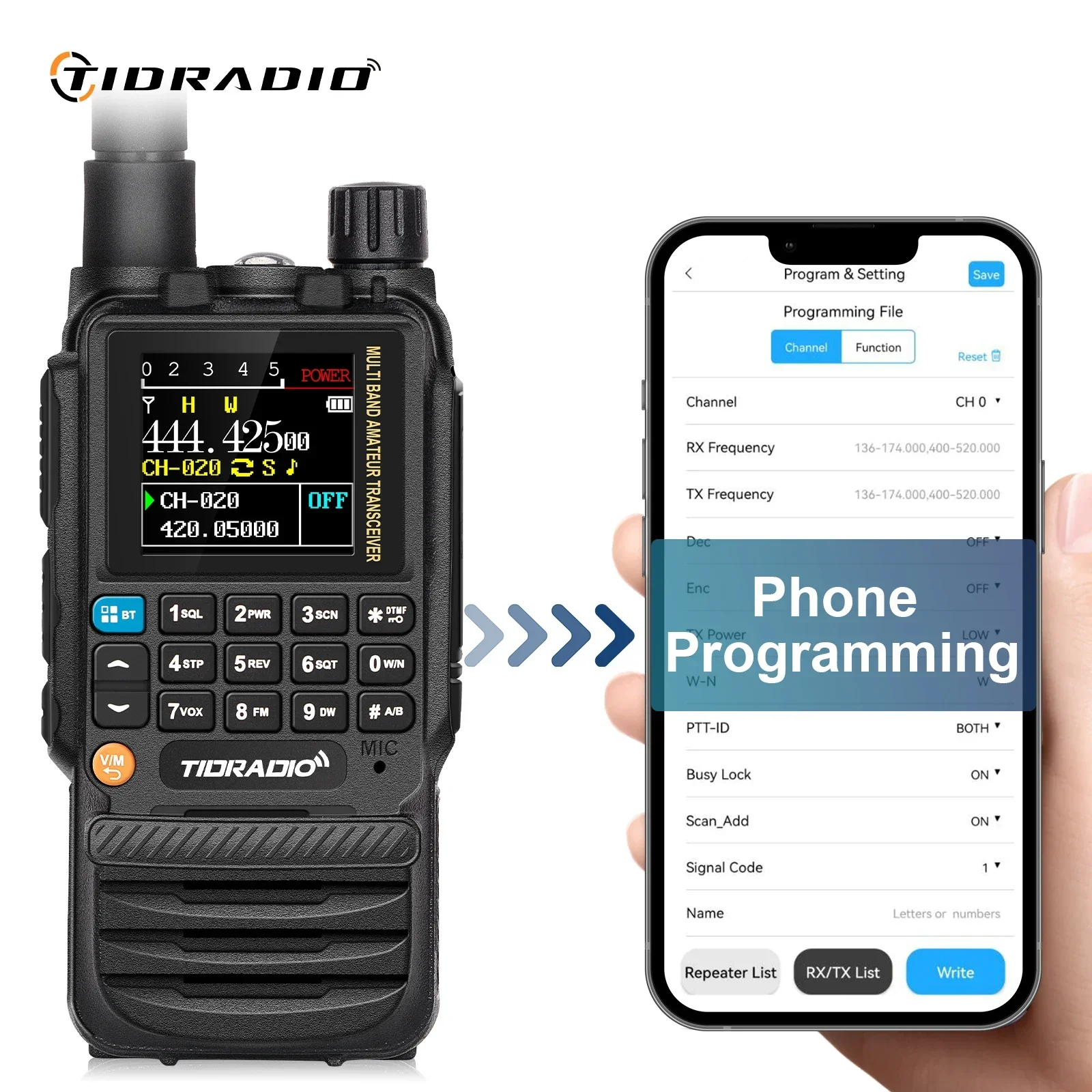 TIDRADIO H3 전문 워키토키 폰 앱 무선 프로그래밍 멀티 밴드 무선 장치, 장거리 라디오 TD-H3
