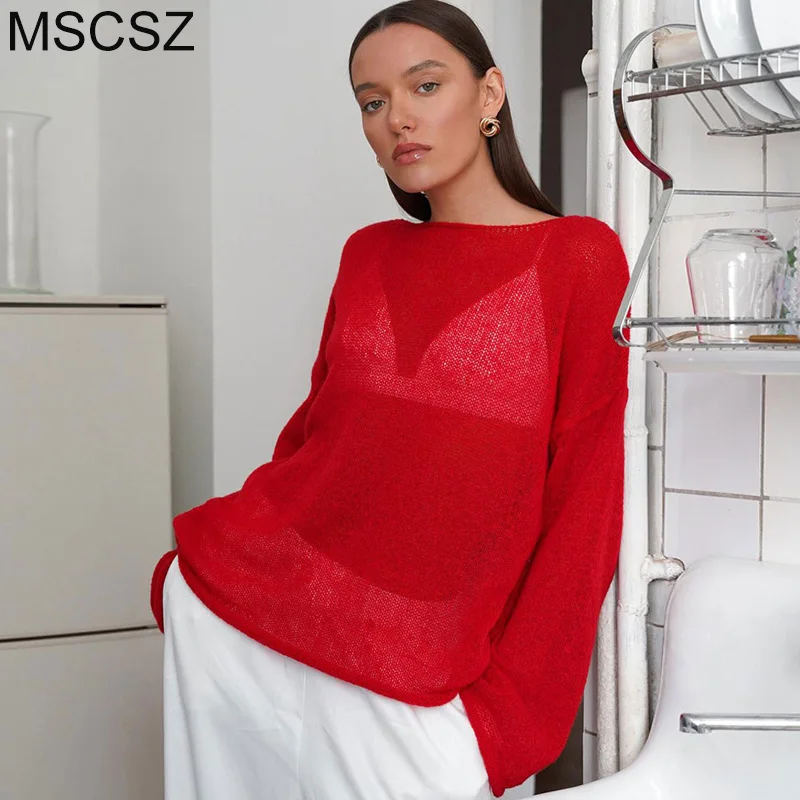 MSCSZ 빨간색 긴 소매 대형 스웨터 여성 투명 니트 스웨터 2025 봄 가을 아늑한 스웨터 풀오버 탑