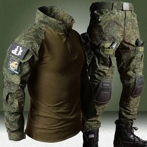 RU Camo 전술 세트 남자 야외 통기성 긴 소매 티셔츠 + 멀티 포켓 스트레이트 카고 바지 2Pcs 정장 훈련 전투 세트