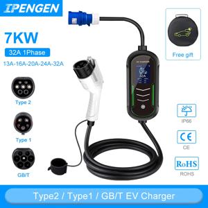 IPENGEN 휴대용 EV 충전기 220V 7KW J1772 Type1 IEC62196 Type2 GBT 충전기 32A 전기 자동차 용 가변 전류 충전기