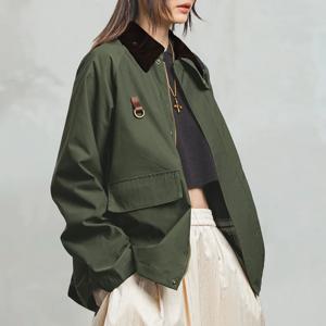 Maden Retro 여성용 코듀로이 패치 워크 자켓 지퍼가 달린 전면 겉옷이있는 봄용 녹색 캐주얼 옷깃 Spey Hunting Jackets