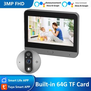 4.3 인치 3MP Tuya 스마트 라이프 APP 배터리 2.4Ghz WiFi 오디오 비디오 디지털 아이 도어 벨 틈 구멍 뷰어 PIR 카메라 Alexa Google