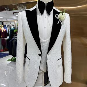 Thorndike 남성용 웨딩 수트, 화이트 자카드, 블랙 새틴 칼라 턱시도, 신랑 테르노 수트, 재킷, 조끼, 바지, 3 개