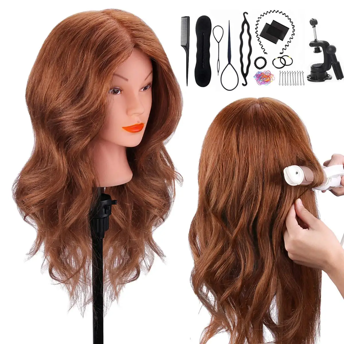 컬링 스트레이트 닝 염색 Braiding Hairdressing 다크 브라운 마네킹 헤드 트레이닝 헤드 키트 용 100% 리얼 헤어 인형 헤드