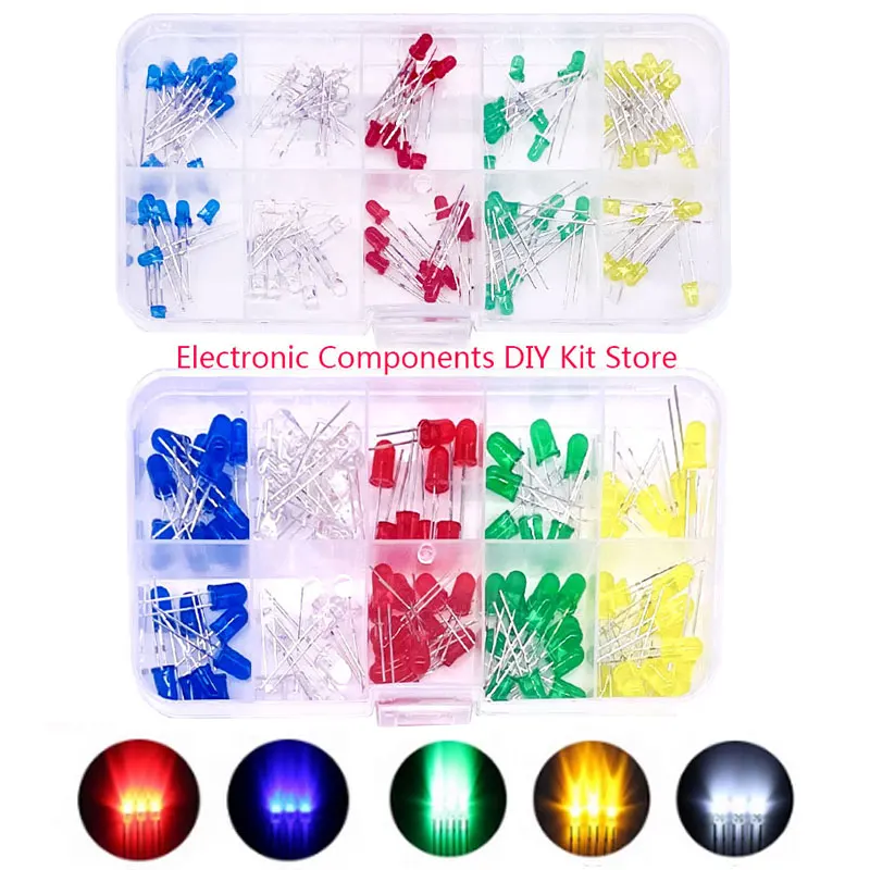 100PCS 3mm 5mm F3 F5 라운드 LED 울트라 브라이트 화이트 그린 옐로우 블루 화이트 레드 발광 다이오드 Diy 키트