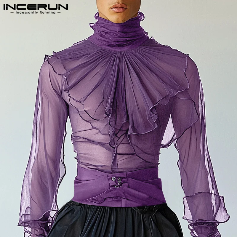 INCERUN 탑 2025 아메리칸 스타일 패션 뉴 남성 얇은 하이 넥 어깨 플리츠 셔츠 섹시한 캐주얼 Clubwear 긴팔 블라우스