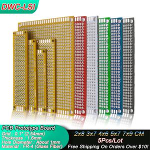 양면 프로토타입 DIY 범용 인쇄 회로 PCB 보드, 프로토보드 PCB 브레드보드, 6 가지 색상, 2x8, 3x7, 4x6, 5x7, 7x9cm, 5 개/로트