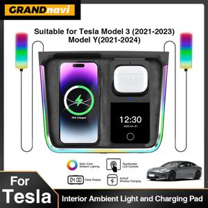 Tesla Model 3 2021-2023 Model Y 2021-2024 용 GrandNavi 무선 충전기 액세서리 주변 조명 2 발 밑 공간 조명 포함