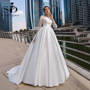 SoDigne 두바이 겸손한 웨딩 드레스 레이스 긴 소매 새틴 신부 드레스 벨트 여성 우아한 웨딩 파티 가운 사용자 정의