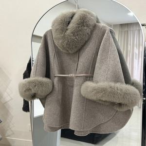 럭셔리 양면 캐시미어 판초 블렌드 여성 가을 ​​겨울 새로운 긴 망토 리얼 폭스 모피 칼라 모직 코트