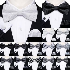 Barry.Wang 화이트 블랙 그레이 실버 실크 남성 나비 넥타이 자카드 페이즐리 꽃 Pre-Tied Bowtie Hanky ​​커프스 단추 세트 웨딩 비즈니스