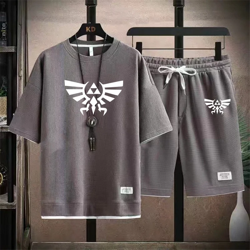 공주 아이콘 남자 스포츠 정장 여름 새로운 Z-Zelda 남자 두 조각 세트 리넨 패브릭 캐주얼 o-넥 티셔츠 패션 Tracksuit 2024
