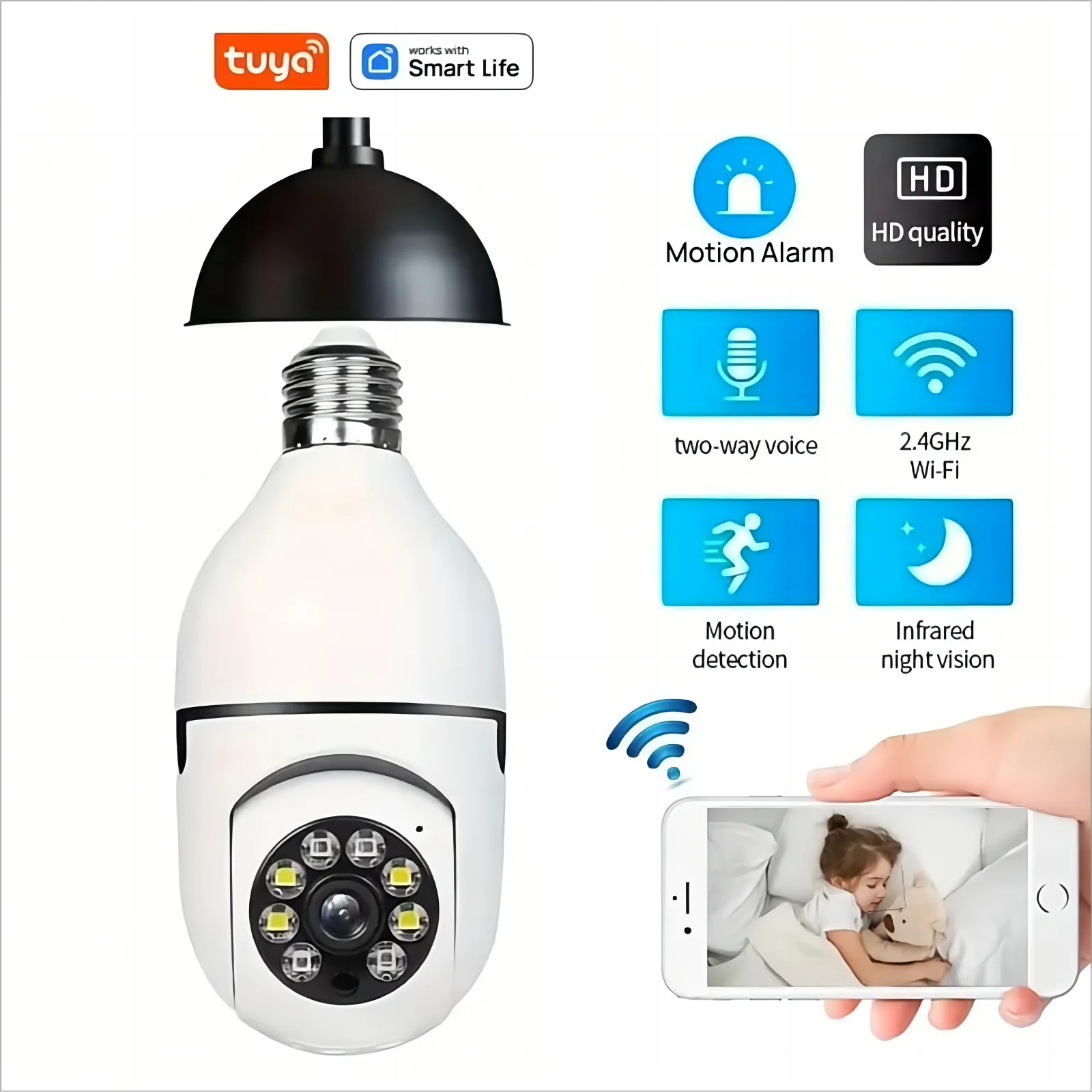 Tuya 스마트 홈 2.4G E27 전구 Wifi 감시 카메라 HD 야간 보안 비디오 감시 지원 양방향 오디오 모바일 모션