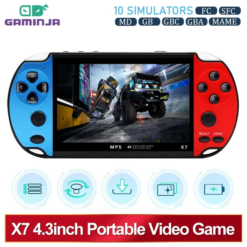GAMINJA X7 4.3 인치 휴대용 게임 콘솔 IPS 스크린 비디오 게임 플레이어 HD 게임 콘솔 GBA GBC NES GBC 용 10000 게임 내장