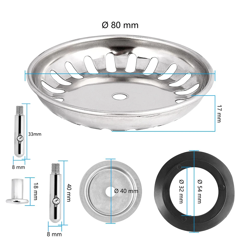프리미엄 주방 싱크대 채반 교체 대야 배수 필터, 스테인리스 스틸, 80mm, 82mm, 84mm, 2 가지 크기의 고정 핀, 1 개