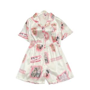 Kawaii 청소년 소녀의 새틴 Homewear 짧은 긴 패션 잠옷 귀여운 고양이 인쇄 여름 여성을위한 새로운 얇은 잠옷 실크 홈 세트