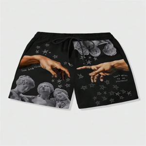 여신 패턴의 동상 남성 짧은 바지 3D 인쇄 손 느슨한 캐주얼 하라주쿠 비치 반바지 스포츠 빠른 건조 수영 트렁크