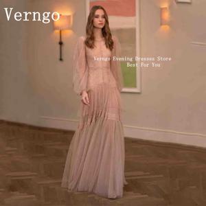 Verngo 핑크 레이스 우아한 댄스 파티 드레스 브이 넥 라인 웨딩 파티 드레스 여성을위한 전체 슬리브 맥시 정장 이브닝 드레스 맞춤형