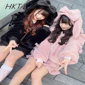 하이 퀄리티 일본 겨울 귀여운 토끼 귀 플러시 코튼 코트, 소녀 로리타 모피 코트, 여성 파카, 귀여운 광산, 신상