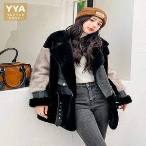 여성용 겨울 밍크 모피 패치워크 울 오버코트, 루즈핏 따뜻한 리얼 모피 코트, 하이 스트리트 오토바이 스타일 양털 재킷, 패션