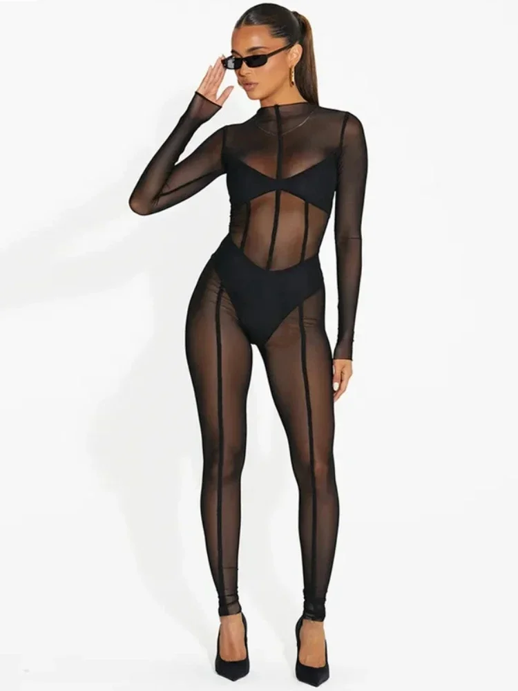 여성용 블랙 점프 슈트 메쉬 오버올을 통해 볼 Bodycon Romper 원피스 복장 여성 섹시한 Monos Mujer Elegante Bodysuit