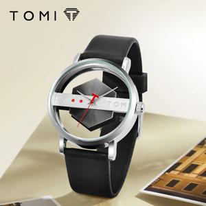 TOMI 세련되고 미니멀리스트 남성용 가죽 시계 스트랩 맞춤형 중공 관점 유리 바닥 커버 쿼츠 시계