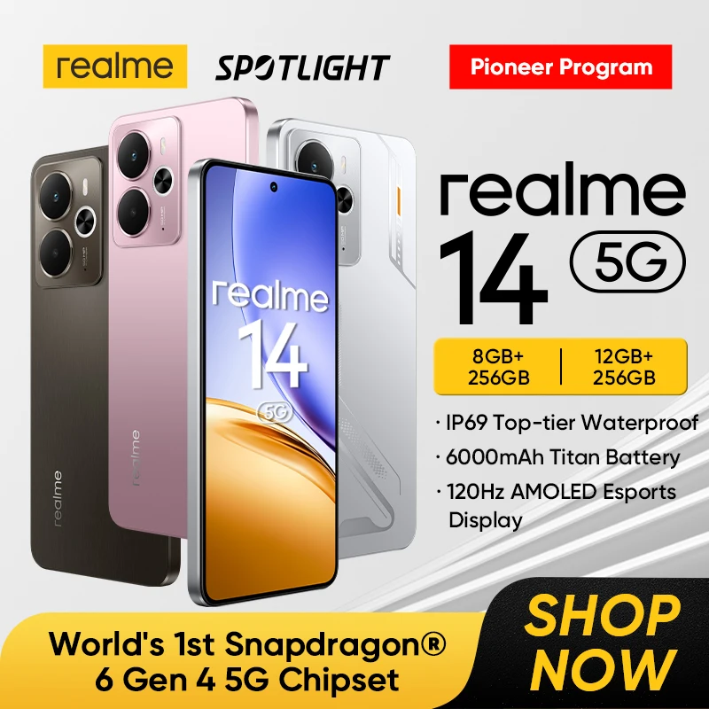 [파이오니어 프로그램] realme 14 5G 스마트폰 스냅드래곤 ®   6 4세대 칩셋 6000mAh 배터리 45W 충전 120Hz AMOLED 디스플레이 IP69 NFC