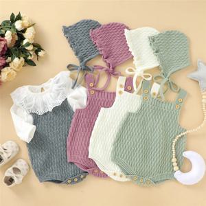 2Pcs 세트 아기 니트 Romper 의류 세트 코튼 삼각형 가랑이 단추 원피스 점프 슈트 + 모자 유아 아기 소년 소녀 의상