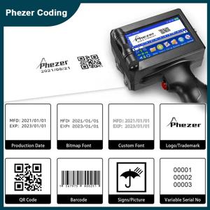 Phezer 12.7/25.4mm 라벨 프린터 휴대용 잉크젯 프린터 QR 바 배치 코드 날짜 번호 로고 만료 날짜 코딩 기계 휴대용