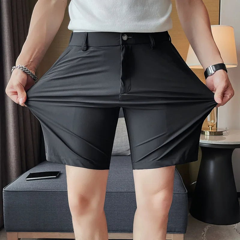 남성용 고탄성 아이스 실크 반바지, 심플한 캐주얼 통기성 짧은 바지, 격식 있는 비즈니스 슬림 무릎 길이 짧은 바지, 2023 여름